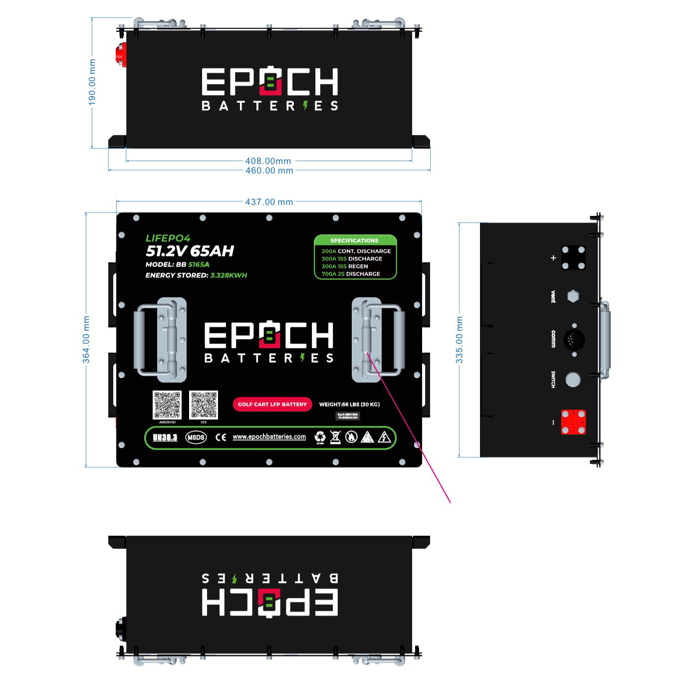 Epoch Batteries 48V 65Ah LiFePO4 Golf Cart Kit With Bluetooth