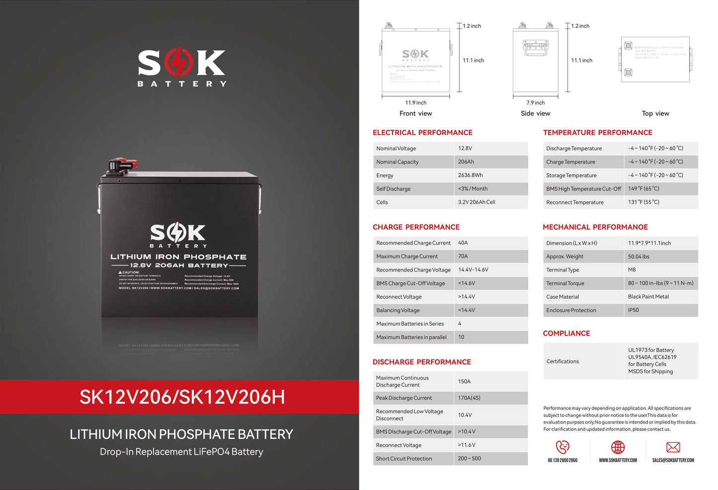 SOK 12V 206Ah LiFePO4 Battery | Bluetooth | Built-In Heater | 3000-8000 Cycles