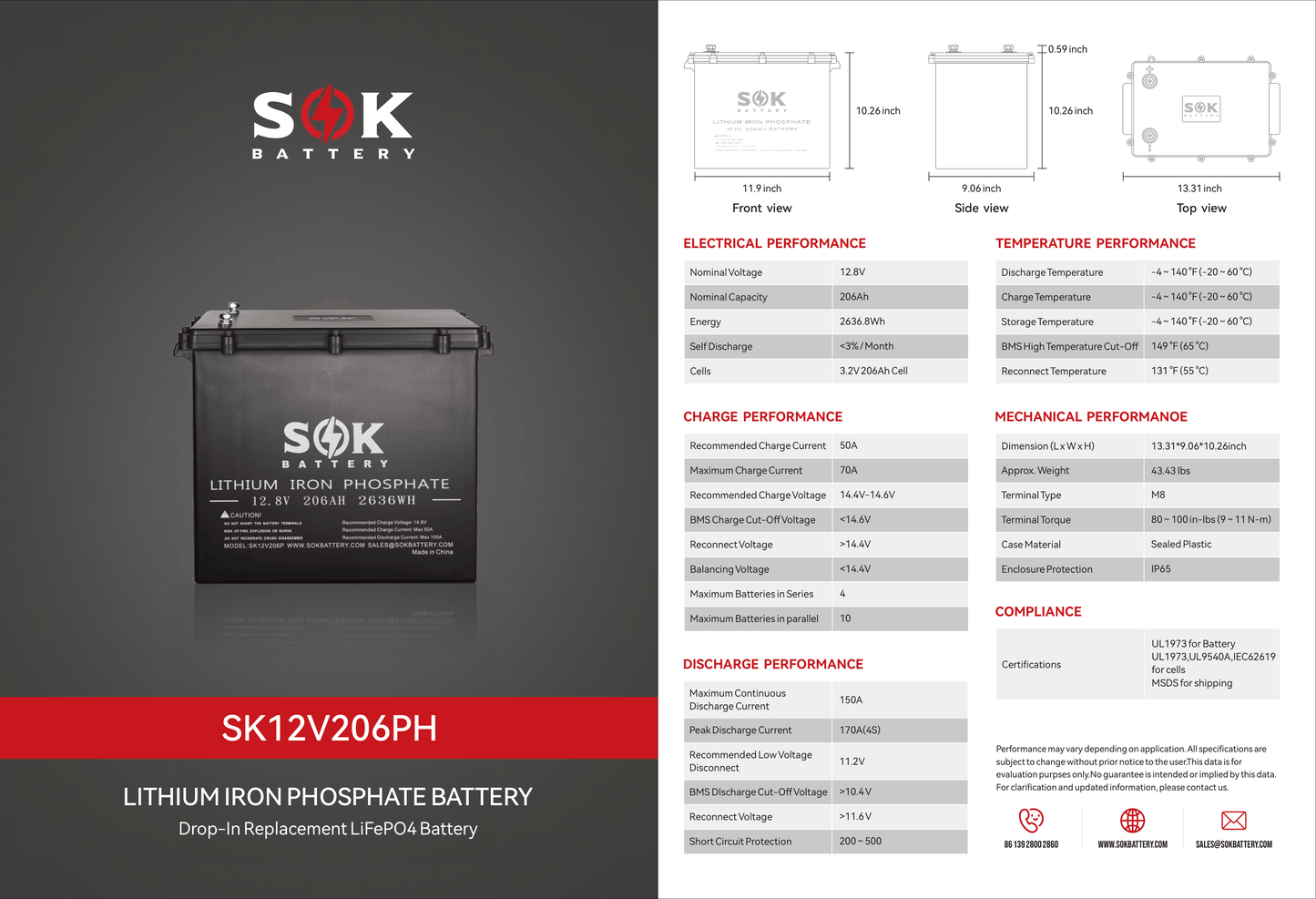 SOK 12V 206Ah Marine Grade LiFePO4 Battery | Heated | 3000-8000 Cycles