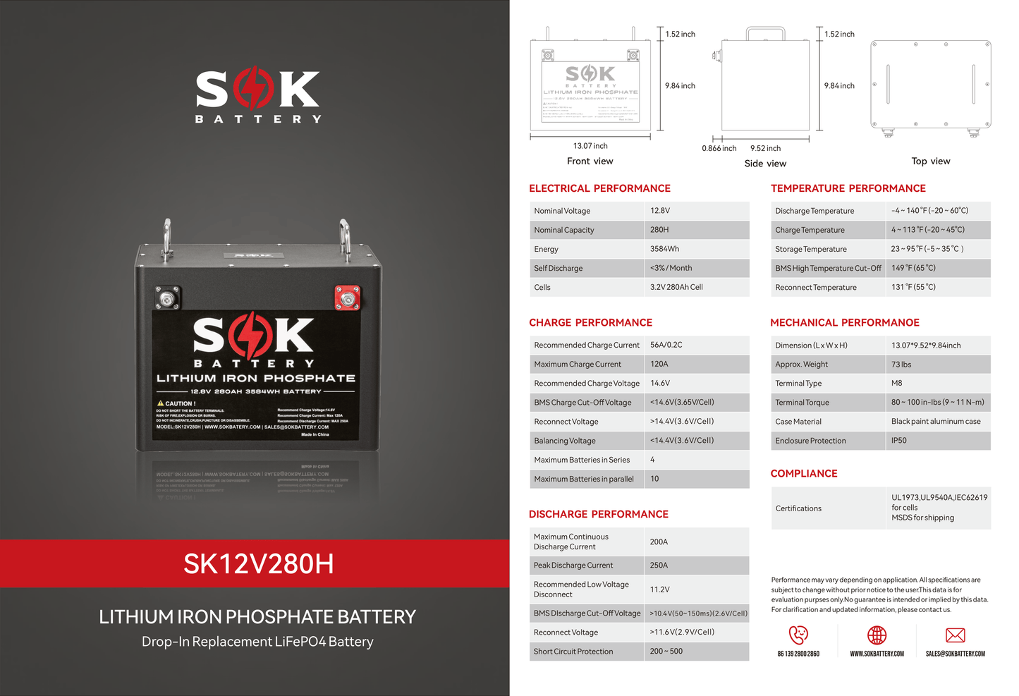 SOK 12V 280Ah LiFePO4 Battery | Bluetooth | Built-In Heater | 12,000 Cycles