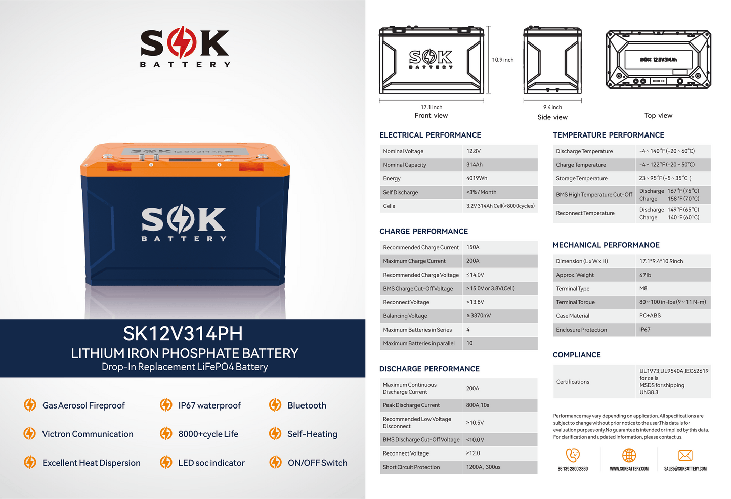 SOK 12V 314Ah LiFePO4 Battery | Bluetooth | Heated | Victron CAN | IP67 Waterproof