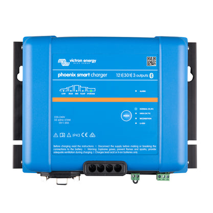 Victron Energy Phoenix Smart IP43 12V 30A Battery Charger - 3 Outputs, Bluetooth, 120-240VAC, 5-15P Cord Required (PSC123053095)
