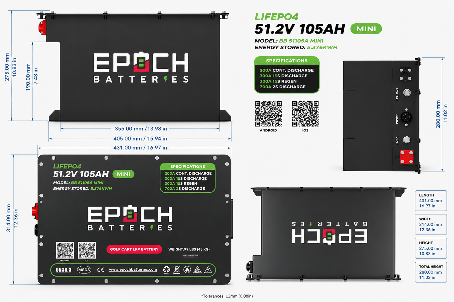 Epoch Batteries 48V 105Ah MINI LiFePO4 Golf Cart Kit Bluetooth