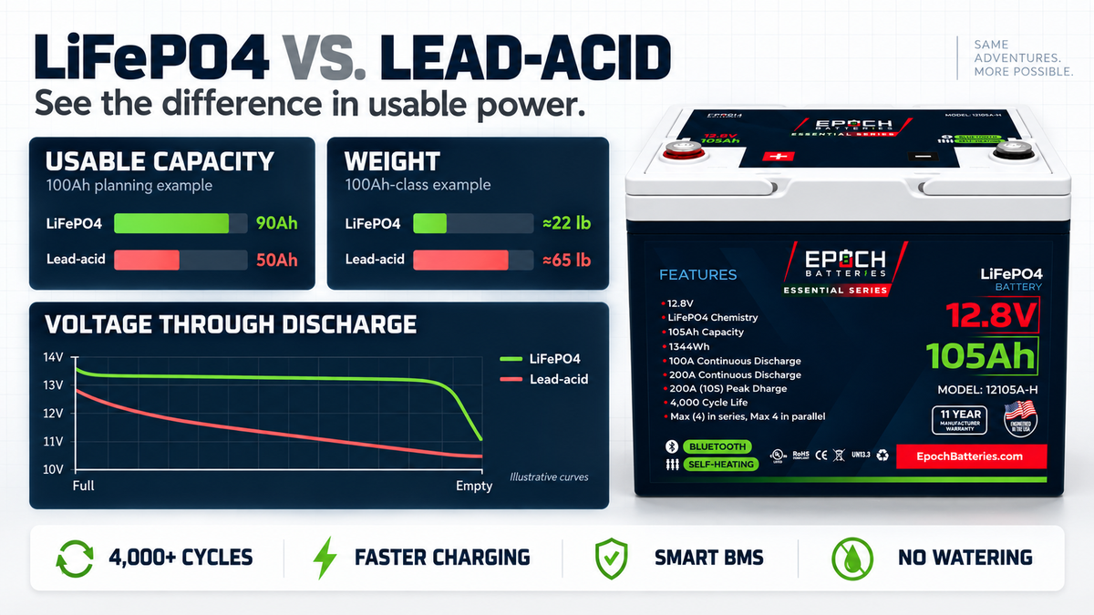 Epoch 12V 105Ah heated Bluetooth LiFePO4 battery specifications and features