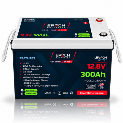 Epoch 12V 300Ah heated LiFePO4 battery rated for 4,000+ cycles