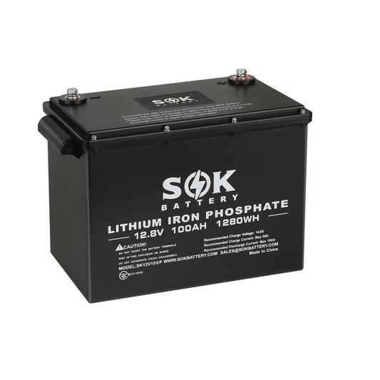 SOK 12V 100Ah LiFePO4 Lithium Battery – Marine Grade Deep Cycle, 4000–8000 Cycles, Built-in Smart BMS, Low Temp Protection, Expandable Power System