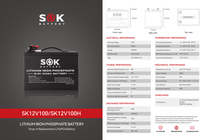 SOK 12V 100Ah LiFePO4 Lithium Battery | Bluetooth | Built-In Heater | RV & Solar
