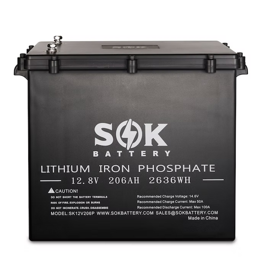 SOK 12V 206Ah LiFePO4 Marine Grade Lithium Battery with Heater – Deep Cycle, 3000–8000 Cycles, Smart BMS, Expandable 48V System