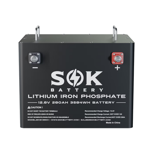 SOK 12V 280Ah LiFePO4 Lithium Battery with Bluetooth & Heater – High Capacity Deep Cycle, 8000–12000 Cycles, Smart BMS, RV & Marine Power