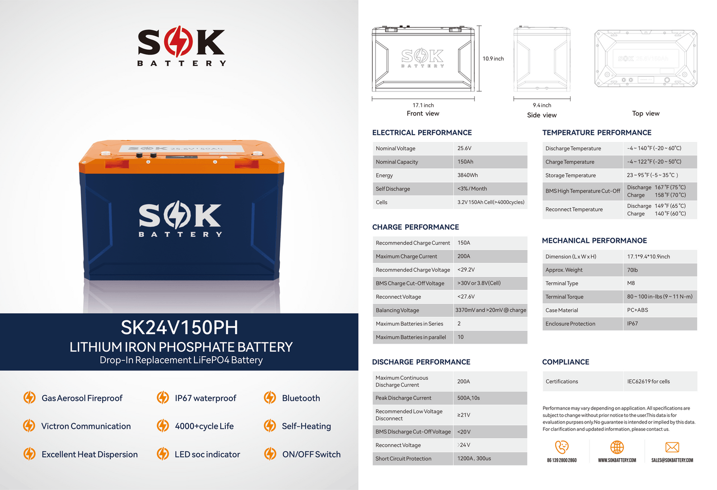 SOK 24V 150Ah LiFePO4 Battery | Heated | Bluetooth | Victron CAN | IP67