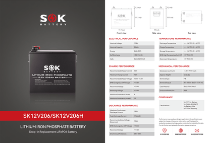 SOK 12V 206Ah LiFePO4 Battery | Bluetooth | Built-In Heater | 3000-8000 Cycles