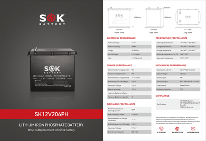 SOK 12V 206Ah Marine Grade LiFePO4 Battery | Heated | 3000-8000 Cycles