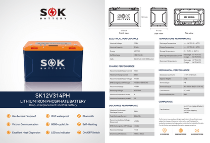 SOK 12V 314Ah LiFePO4 Battery | Bluetooth | Heated | Victron CAN | IP67 Waterproof