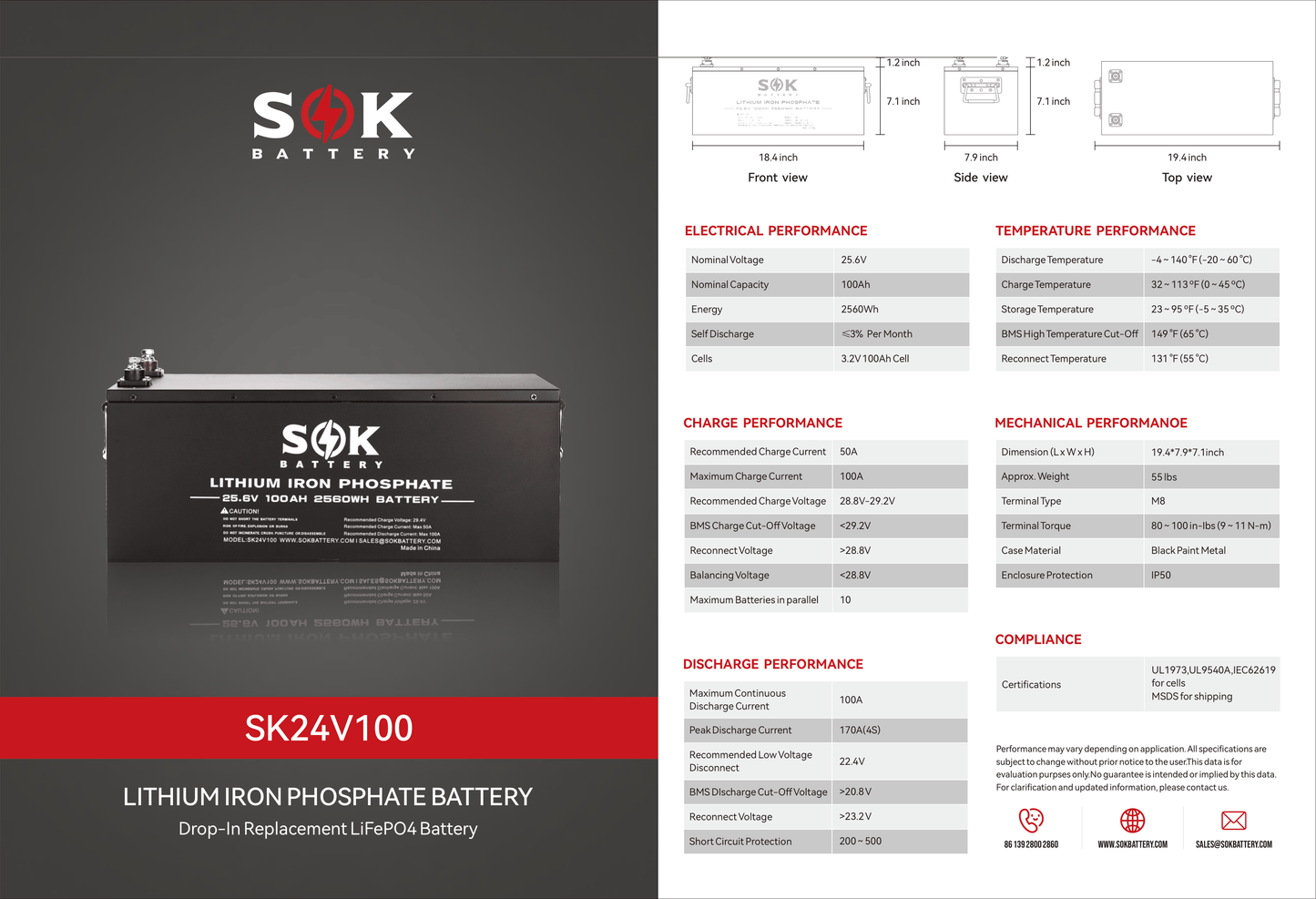 SOK 24V 100Ah LiFePO4 Battery | 4000-8000 Cycles | Serviceable Deep Cycle