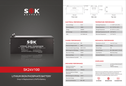 SOK 24V 100Ah LiFePO4 Battery | 4000-8000 Cycles | Serviceable Deep Cycle