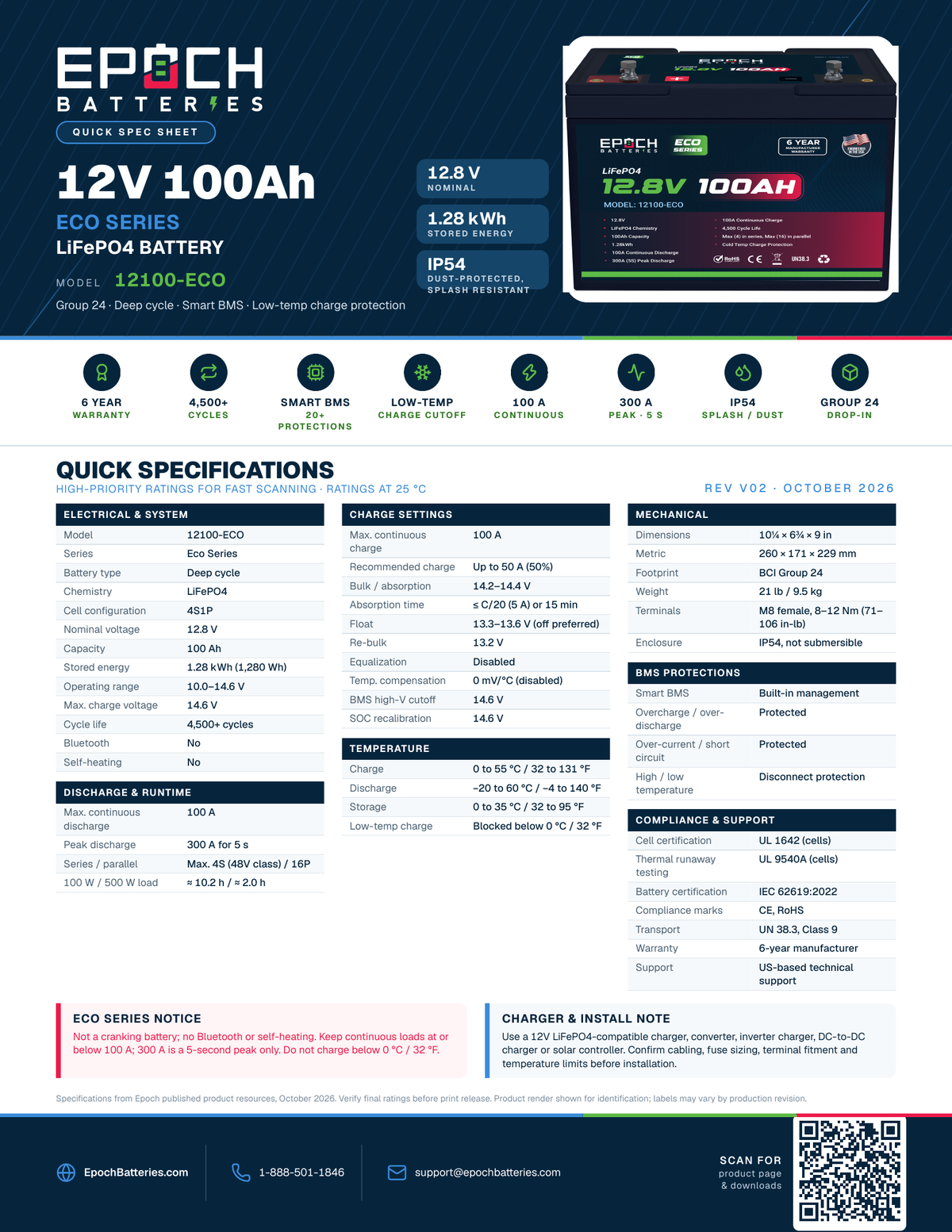 Epoch 12V 100Ah Eco Series Group 24 LiFePO4 battery spec sheet and dimensions
