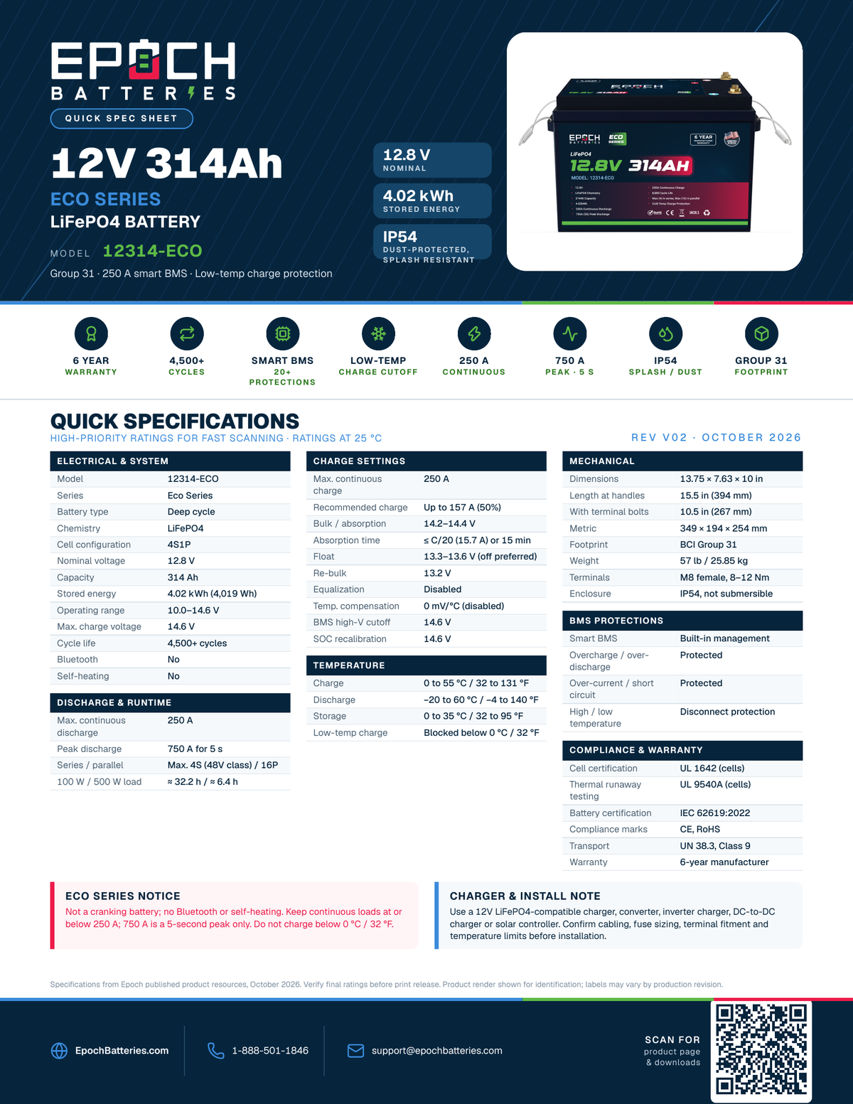 Epoch 12V 314Ah Eco Series Group 31 LiFePO4 battery spec sheet and dimensions