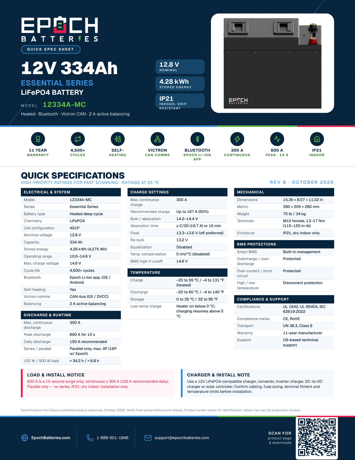 Epoch 12V 334Ah MC heated LiFePO4 battery spec sheet