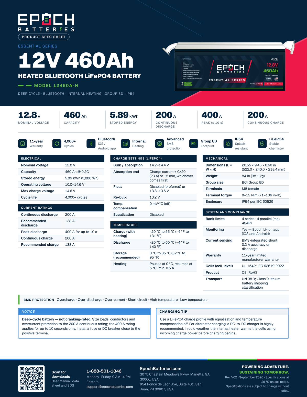 Epoch 12V 460Ah heated LiFePO4 battery spec sheet