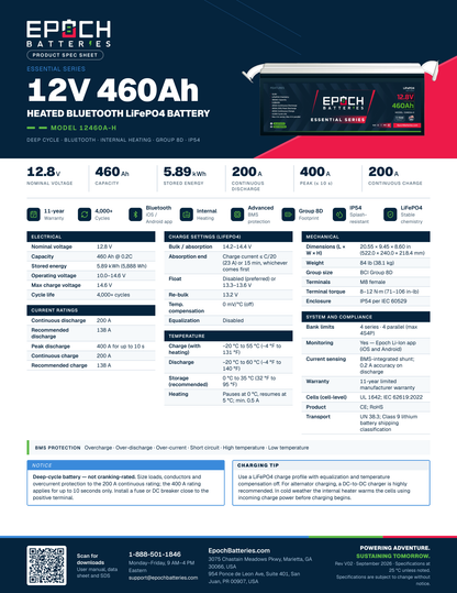 Epoch 12V 460Ah heated LiFePO4 battery spec sheet
