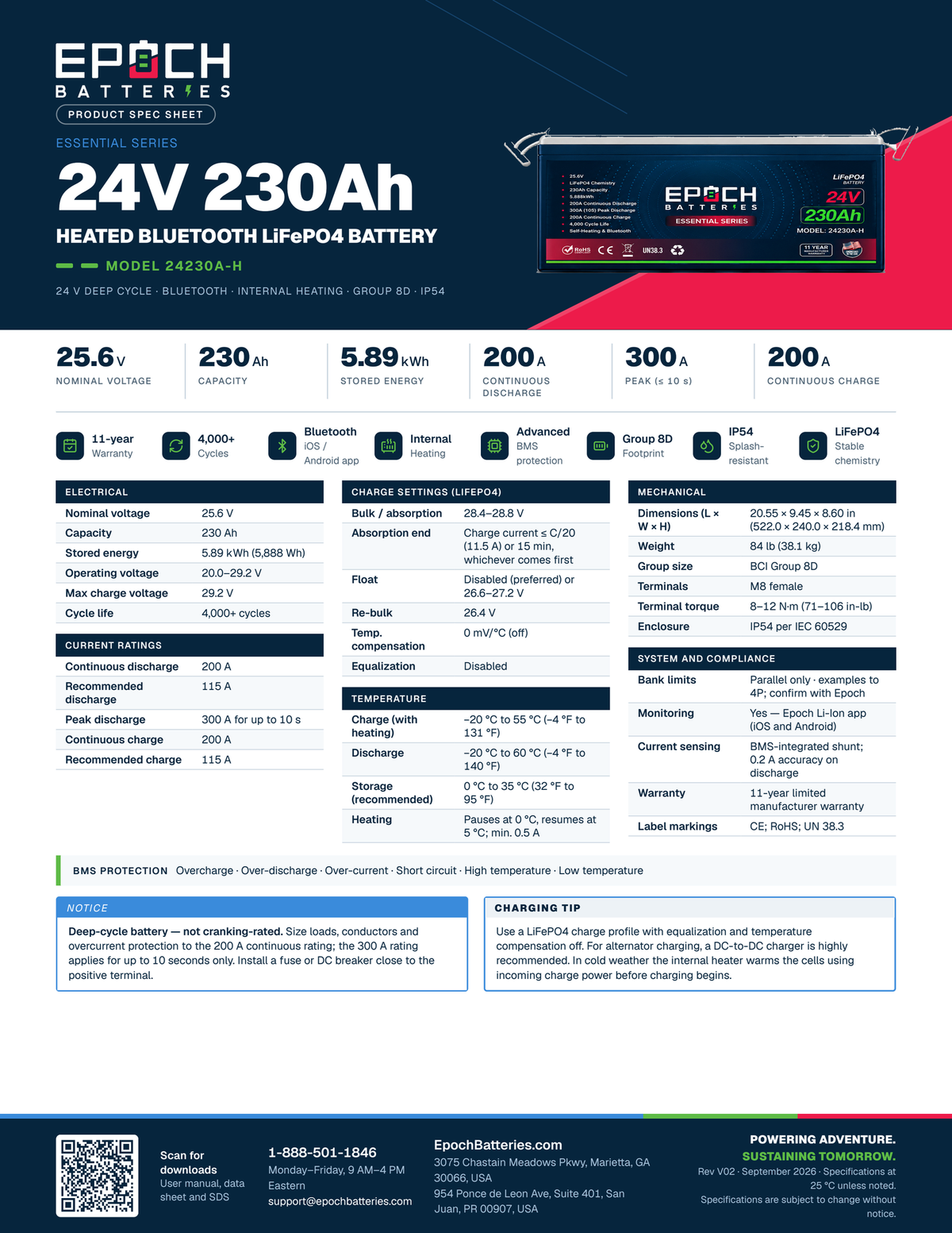 Epoch 24V 230Ah heated LiFePO4 battery spec sheet