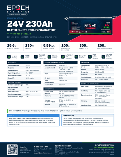 Epoch 24V 230Ah heated LiFePO4 battery spec sheet