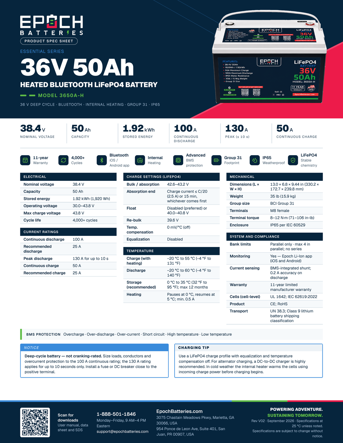 Epoch 36V 50Ah heated trolling motor battery spec sheet