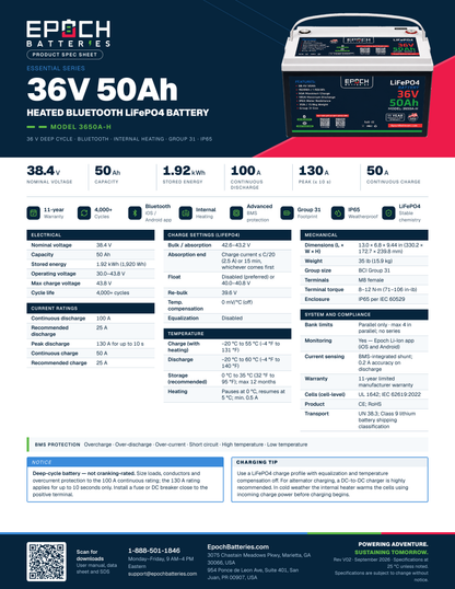 Epoch 36V 50Ah heated trolling motor battery spec sheet