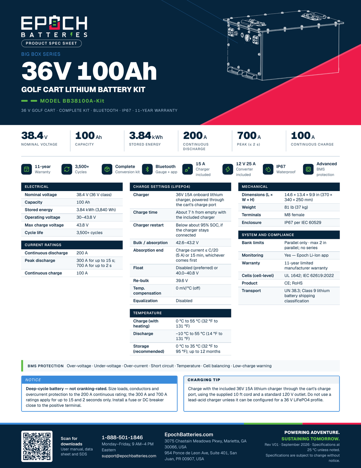 Epoch 36V lithium golf cart battery kit spec sheet