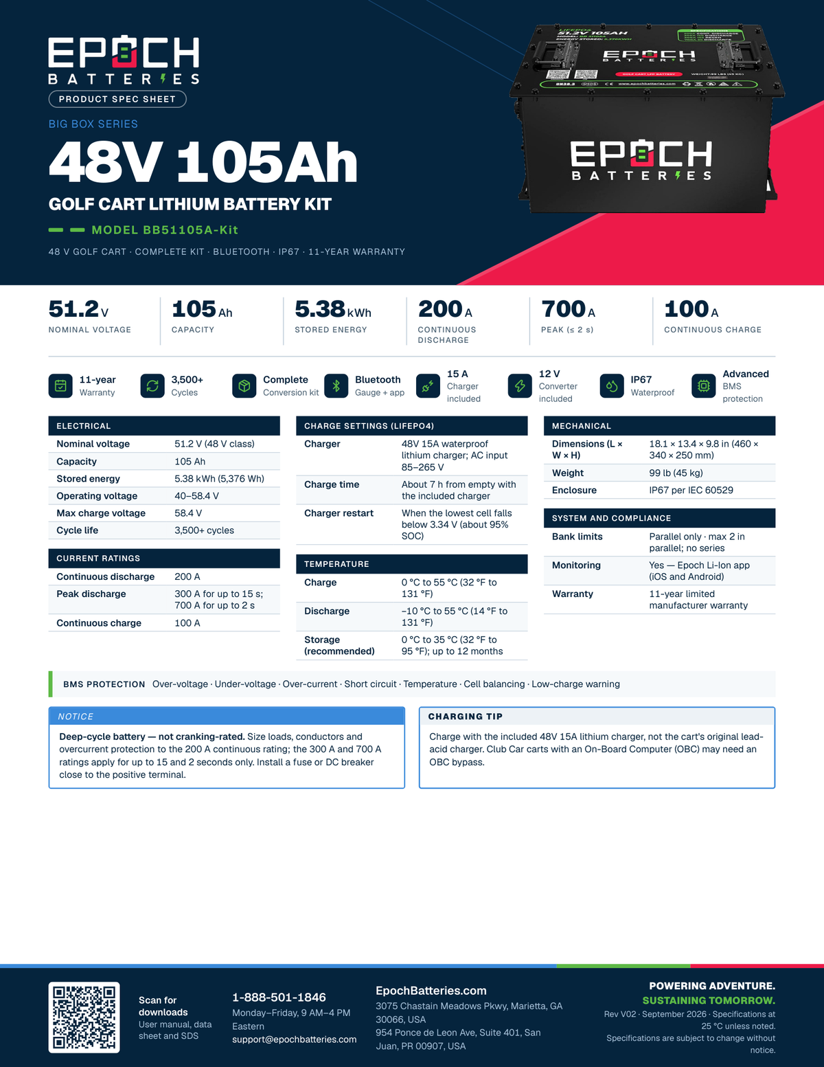Epoch 48V 105Ah lithium golf cart battery kit spec sheet