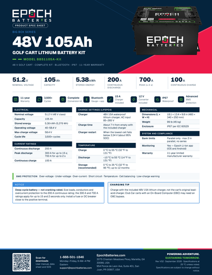 Epoch 48V 105Ah lithium golf cart battery kit spec sheet