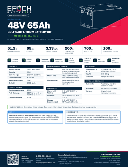 Epoch 48V 65Ah lithium golf cart battery kit spec sheet