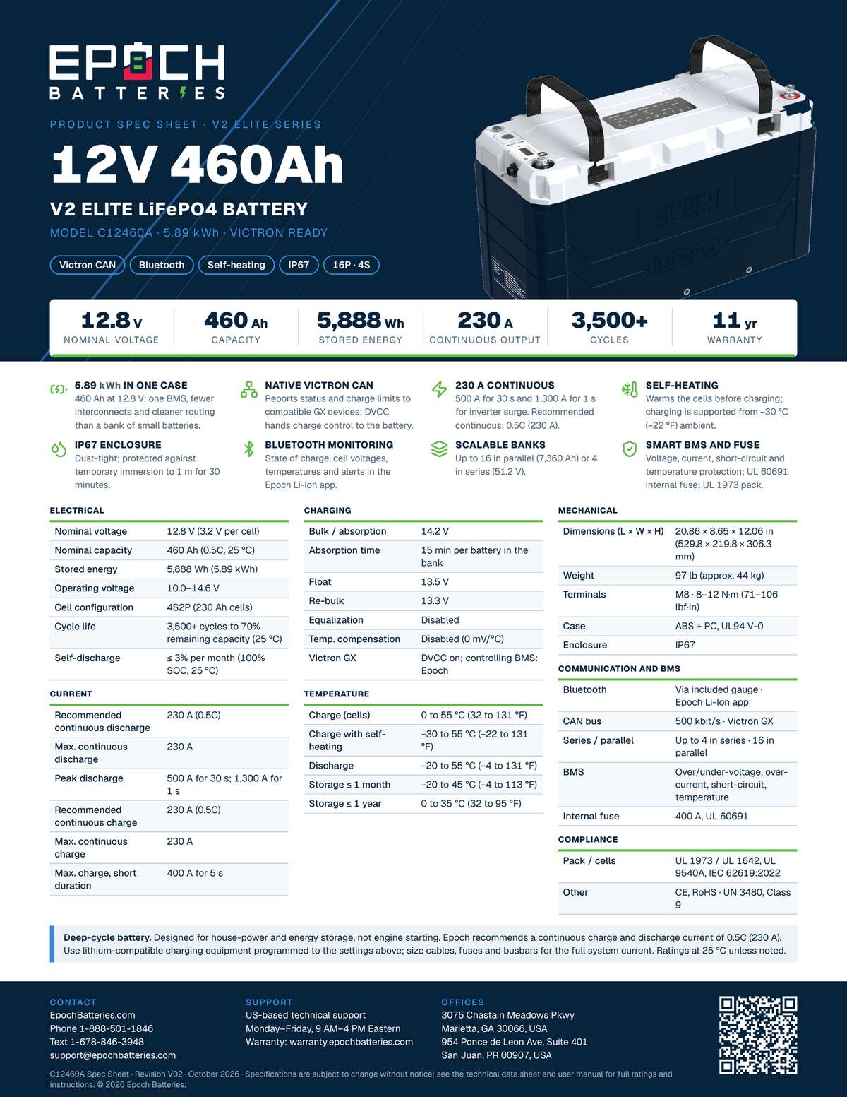 Epoch 12V 460Ah V2 Elite LiFePO4 battery with Victron CAN spec sheet