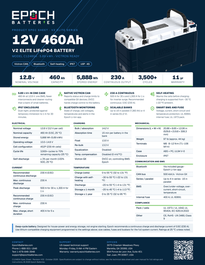 Epoch 12V 460Ah V2 Elite LiFePO4 battery with Victron CAN spec sheet