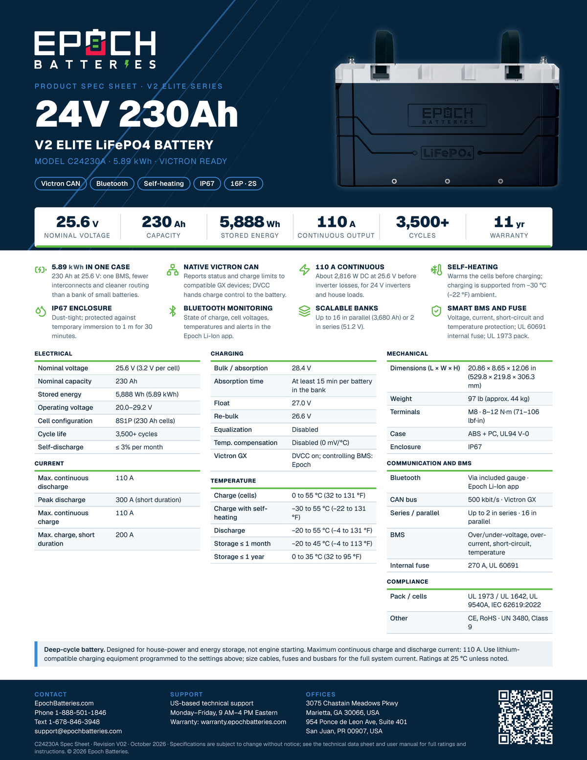 Epoch 24V 230Ah V2 Elite LiFePO4 battery with Victron CAN spec sheet