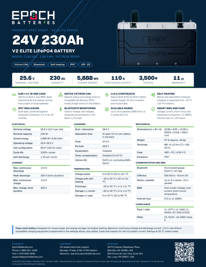Epoch 24V 230Ah V2 Elite LiFePO4 battery with Victron CAN spec sheet
