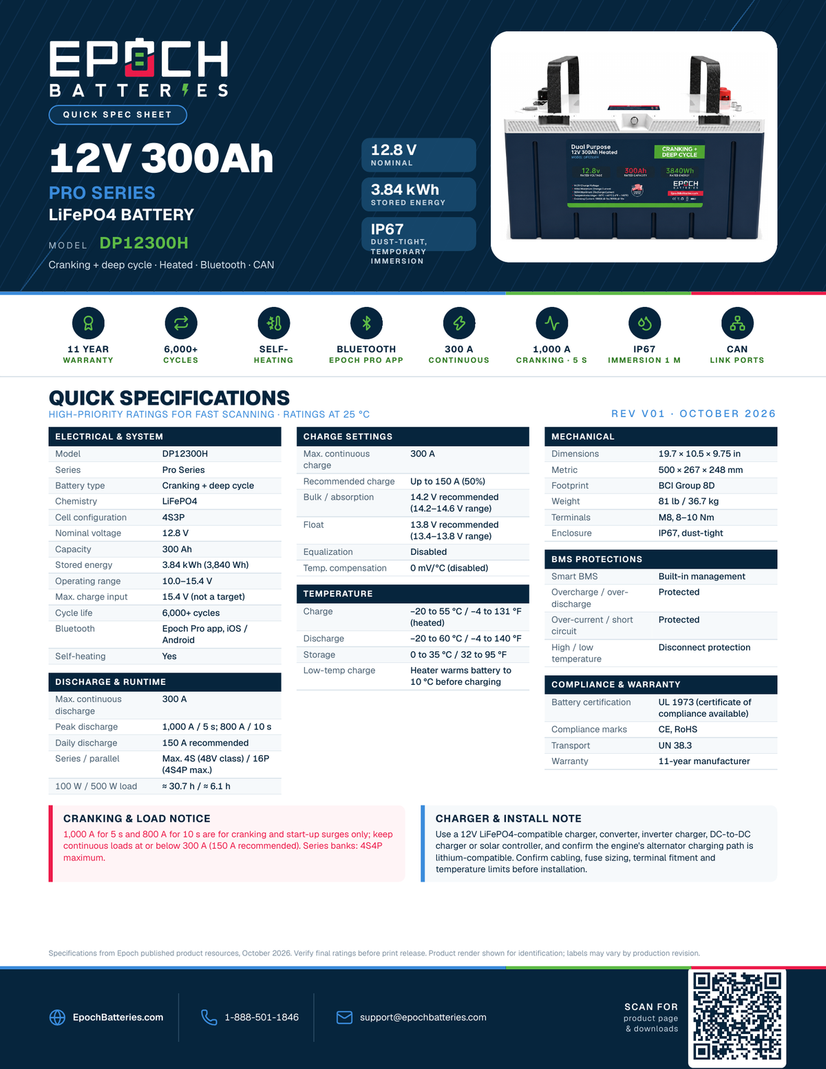 Epoch 12V 300Ah Group 8D cranking and deep cycle battery spec sheet
