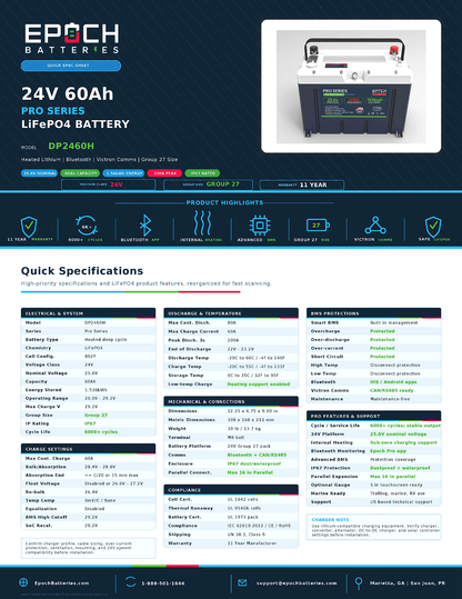 Epoch 24V 60Ah Pro Series LiFePO4 battery spec sheet