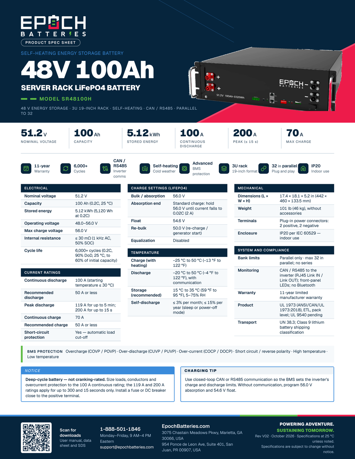 Epoch 48V 100Ah self-heating server rack battery spec sheet