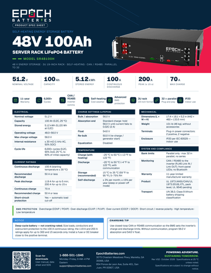 Epoch 48V 100Ah self-heating server rack battery spec sheet